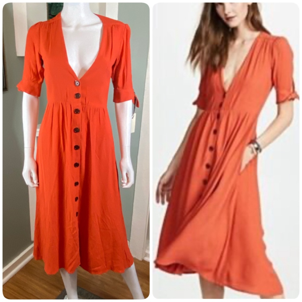 NWT New Capulet Adele Burnt Orange Midi Dress XSmall XS Deep-V Plunging Neckline
